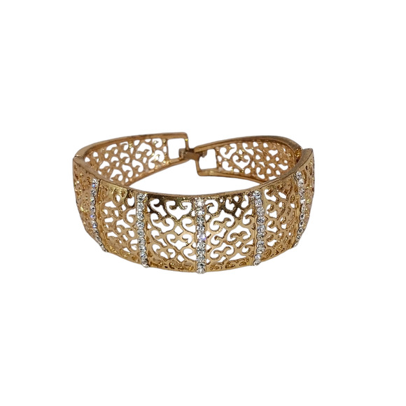 🍭3 for 20 - Gold Tone Filigree Clasp Bracelet Rhinestones 7" Sparkle Pretty - Picture 7 of 9